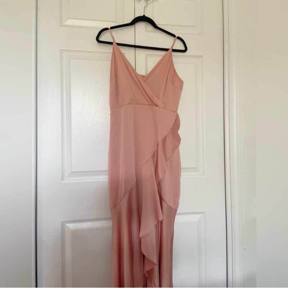 EXPRESS | Satin Ruffle Wrap Hi-Lo Maxi Dress.